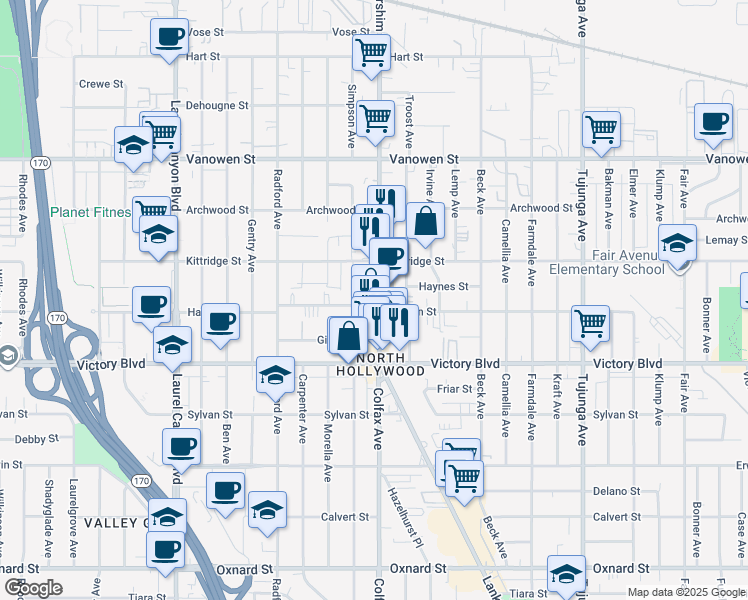 map of restaurants, bars, coffee shops, grocery stores, and more near in Los Angeles