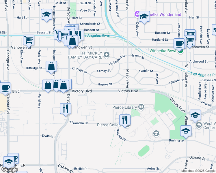 map of restaurants, bars, coffee shops, grocery stores, and more near 20615 Haynes Street in Los Angeles
