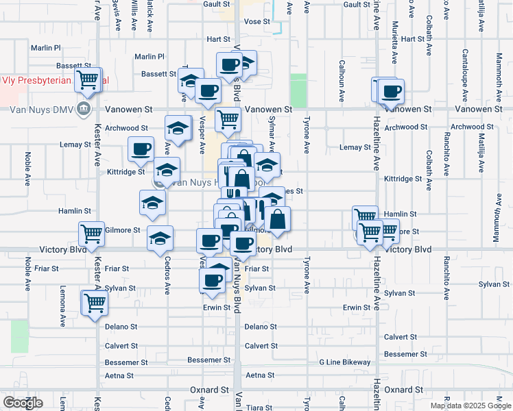 map of restaurants, bars, coffee shops, grocery stores, and more near 14428 Haynes Street in Los Angeles