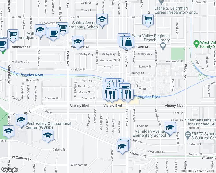 map of restaurants, bars, coffee shops, grocery stores, and more near 19401 Haynes Street in Los Angeles
