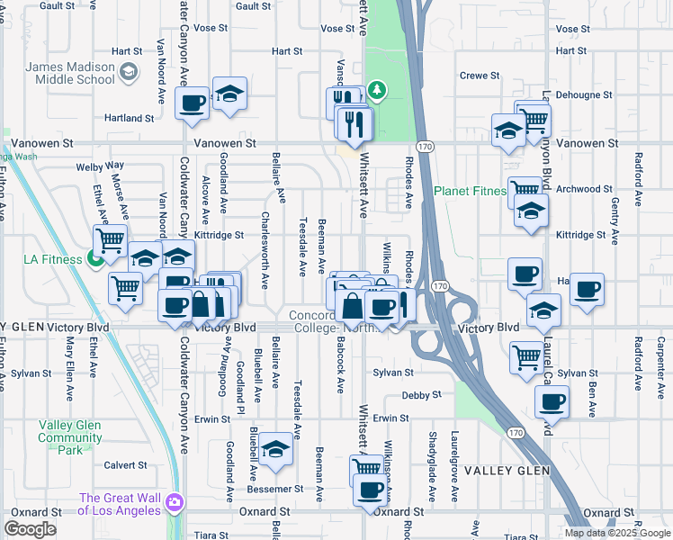 map of restaurants, bars, coffee shops, grocery stores, and more near 6511 Babcock Avenue in Los Angeles