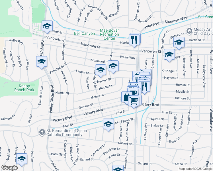 map of restaurants, bars, coffee shops, grocery stores, and more near 23921 Hamlin Street in Los Angeles
