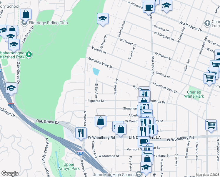 map of restaurants, bars, coffee shops, grocery stores, and more near 749 West Sacramento Street in Altadena