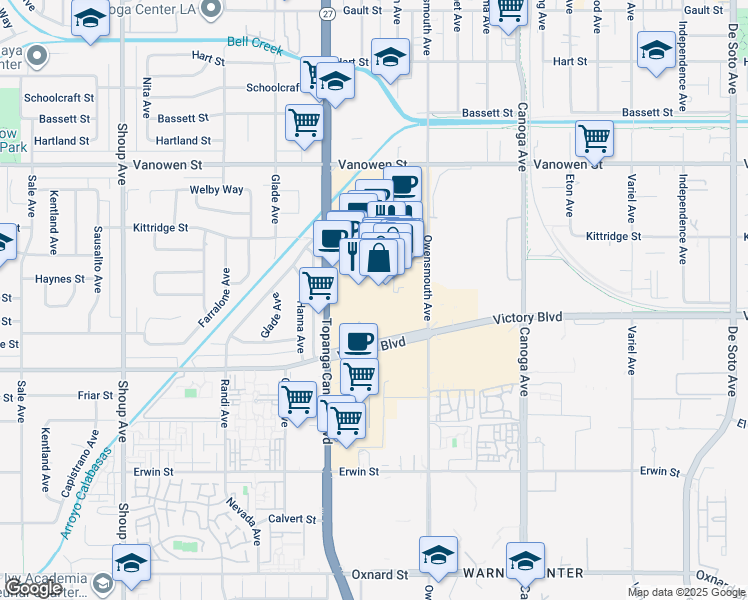 map of restaurants, bars, coffee shops, grocery stores, and more near 6600 Topanga Canyon Blvd in Canoga Park