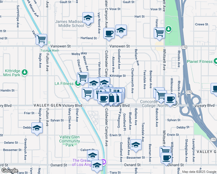 map of restaurants, bars, coffee shops, grocery stores, and more near 6514 Coldwater Canyon Avenue in Los Angeles