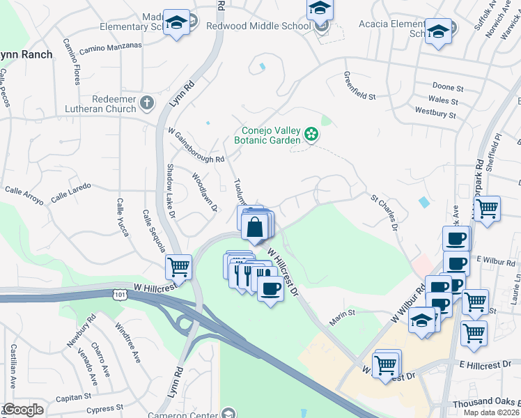 map of restaurants, bars, coffee shops, grocery stores, and more near 460 Arbor Lane Court in Thousand Oaks