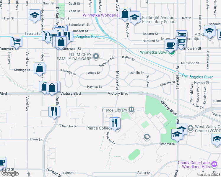 map of restaurants, bars, coffee shops, grocery stores, and more near 20528 Hamlin Street in Los Angeles