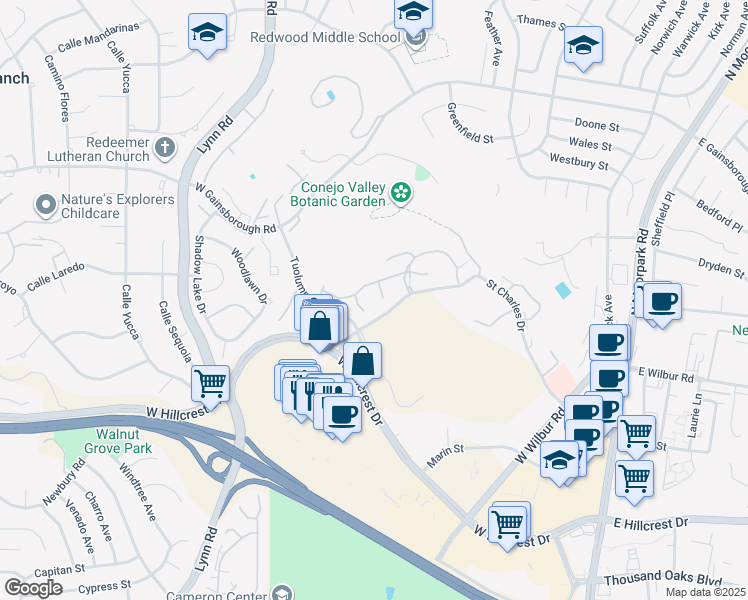 map of restaurants, bars, coffee shops, grocery stores, and more near 801 Pinetree Circle in Thousand Oaks