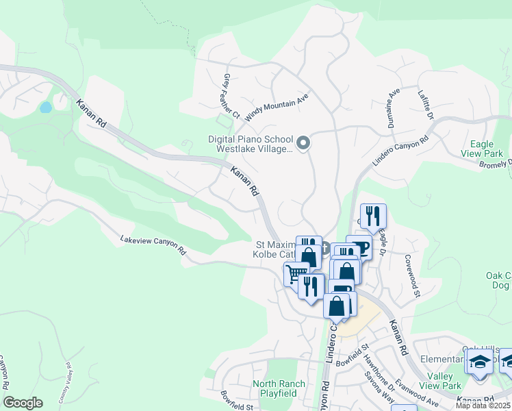 map of restaurants, bars, coffee shops, grocery stores, and more near 5623 South Rim Street in Westlake Village