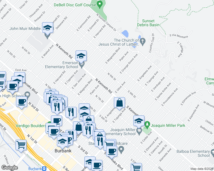 map of restaurants, bars, coffee shops, grocery stores, and more near 807 East Orange Grove Avenue in Burbank