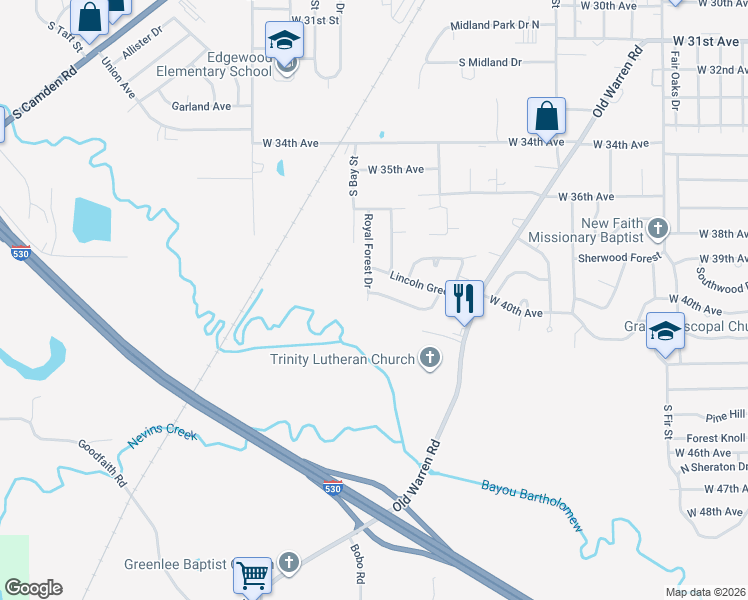 map of restaurants, bars, coffee shops, grocery stores, and more near 28 Mockingbird Lane in Pine Bluff