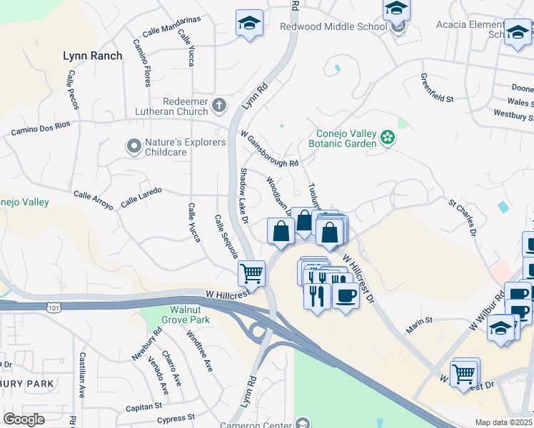 map of restaurants, bars, coffee shops, grocery stores, and more near 595 Racquet Club Lane in Thousand Oaks