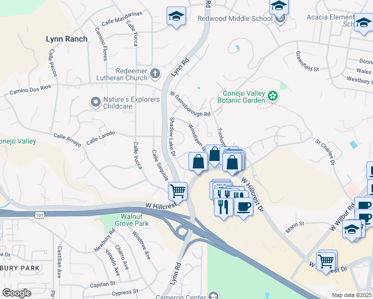 map of restaurants, bars, coffee shops, grocery stores, and more near 603 Racquet Club Lane in Thousand Oaks