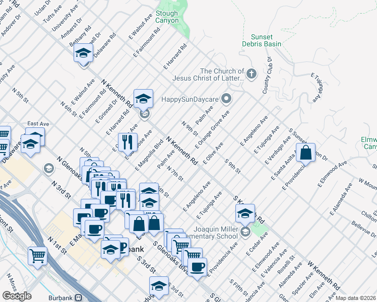 map of restaurants, bars, coffee shops, grocery stores, and more near 807 East Orange Grove Avenue in Burbank