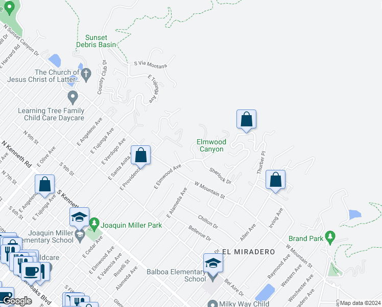 map of restaurants, bars, coffee shops, grocery stores, and more near 721 Wilson Court in Burbank