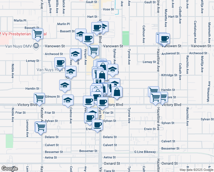 map of restaurants, bars, coffee shops, grocery stores, and more near 14428 Haynes Street in Los Angeles