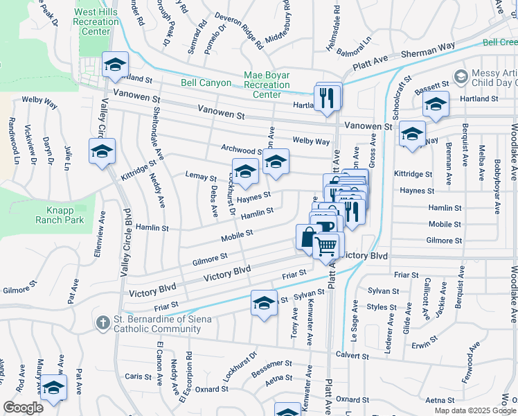 map of restaurants, bars, coffee shops, grocery stores, and more near 23921 Hamlin Street in Los Angeles
