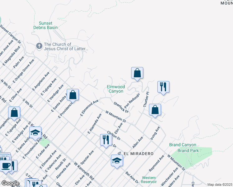 map of restaurants, bars, coffee shops, grocery stores, and more near 1205 East Elmwood Avenue in Burbank