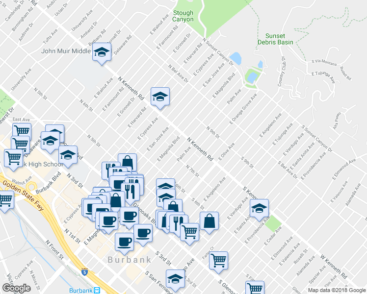 map of restaurants, bars, coffee shops, grocery stores, and more near 803 Palm Avenue in Burbank