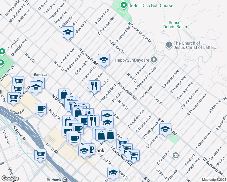 map of restaurants, bars, coffee shops, grocery stores, and more near 724 East Magnolia Boulevard in Burbank