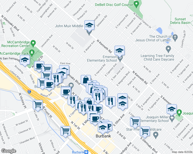 map of restaurants, bars, coffee shops, grocery stores, and more near 621 North 6th Street in Burbank