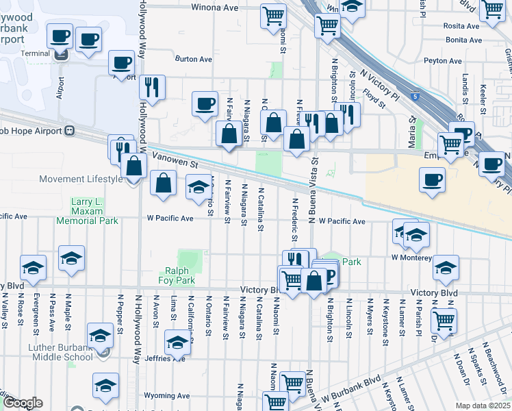 map of restaurants, bars, coffee shops, grocery stores, and more near 1926 North Niagara Street in Burbank