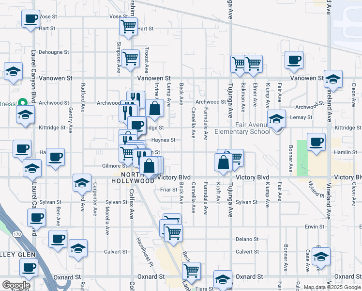 map of restaurants, bars, coffee shops, grocery stores, and more near 6528 Beck Avenue in Los Angeles