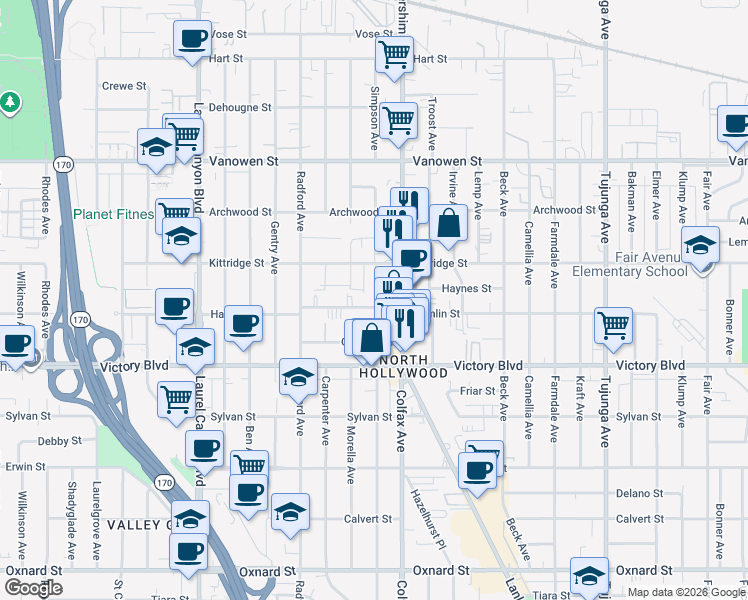 map of restaurants, bars, coffee shops, grocery stores, and more near 6545 Simpson Avenue in Los Angeles