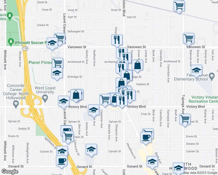 map of restaurants, bars, coffee shops, grocery stores, and more near 11800 Kittridge Street in Los Angeles