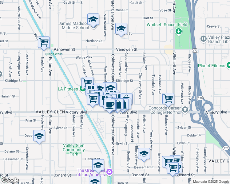 map of restaurants, bars, coffee shops, grocery stores, and more near 6533 Alcove Avenue in Los Angeles