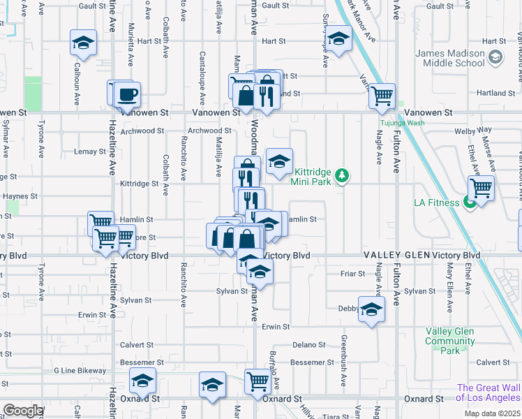 map of restaurants, bars, coffee shops, grocery stores, and more near 6546 Woodman Avenue in Los Angeles