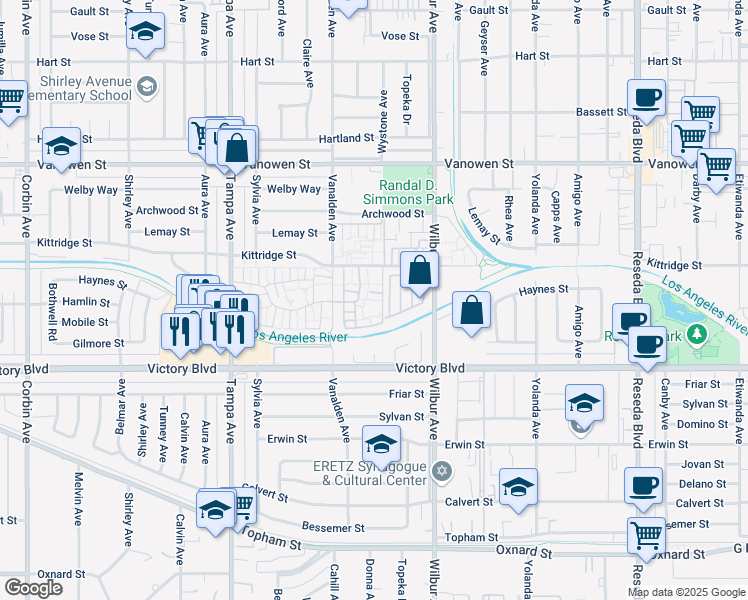 map of restaurants, bars, coffee shops, grocery stores, and more near 19036 Kittridge Street in Los Angeles