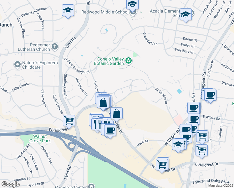 map of restaurants, bars, coffee shops, grocery stores, and more near 824 Pinetree Circle in Thousand Oaks