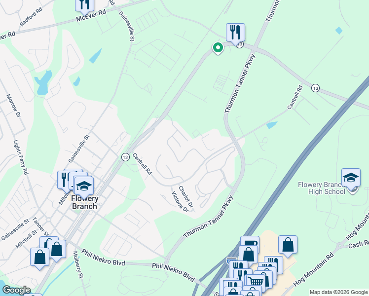 map of restaurants, bars, coffee shops, grocery stores, and more near 4906 Vireo Drive in Flowery Branch