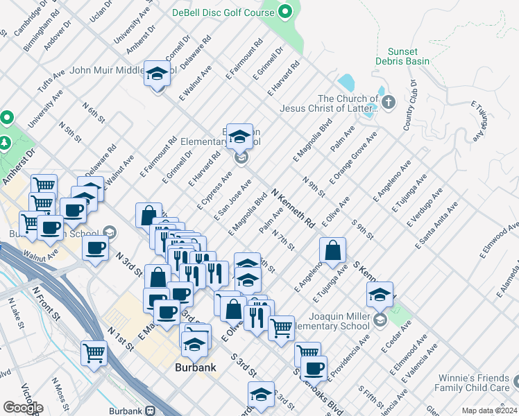 map of restaurants, bars, coffee shops, grocery stores, and more near 708 East Magnolia Boulevard in Burbank