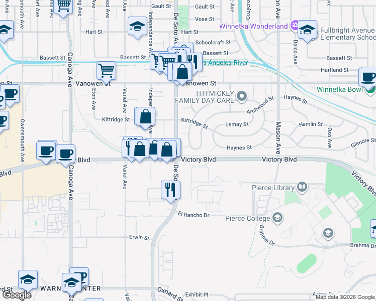 map of restaurants, bars, coffee shops, grocery stores, and more near 6526 Gazette Avenue in Los Angeles