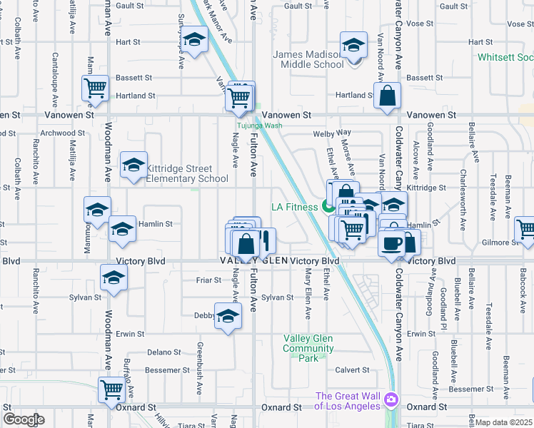 map of restaurants, bars, coffee shops, grocery stores, and more near 6517 Longridge Avenue in Los Angeles