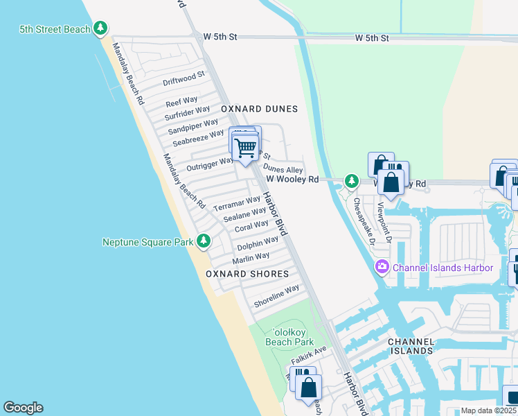 map of restaurants, bars, coffee shops, grocery stores, and more near 5027 Sealane Way in Oxnard