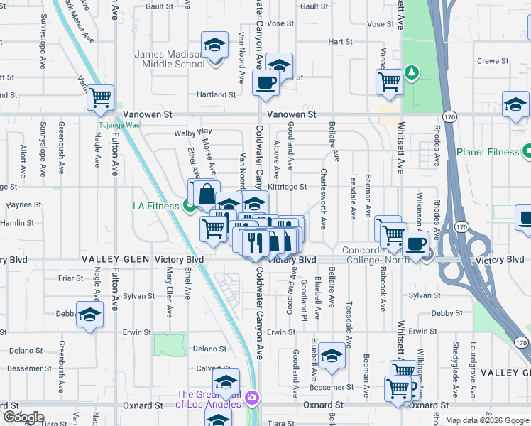 map of restaurants, bars, coffee shops, grocery stores, and more near 6514 Coldwater Canyon Avenue in Los Angeles