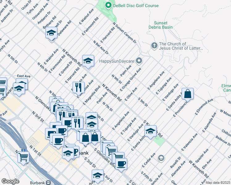 map of restaurants, bars, coffee shops, grocery stores, and more near 807 East Orange Grove Avenue in Burbank
