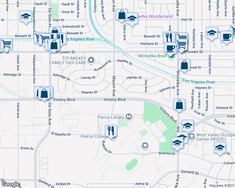 map of restaurants, bars, coffee shops, grocery stores, and more near 20454 Gilmore Street in Los Angeles
