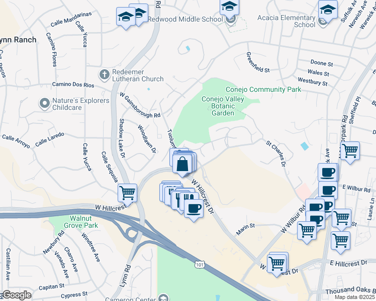 map of restaurants, bars, coffee shops, grocery stores, and more near 427 Arbor Lane Court in Thousand Oaks