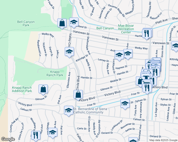 map of restaurants, bars, coffee shops, grocery stores, and more near 6531 Neddy Avenue in Los Angeles