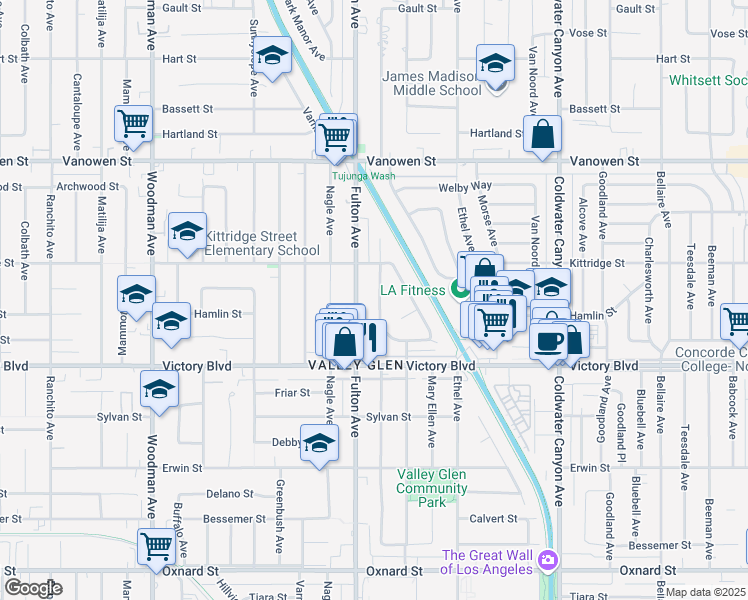 map of restaurants, bars, coffee shops, grocery stores, and more near 6517 Longridge Avenue in Los Angeles