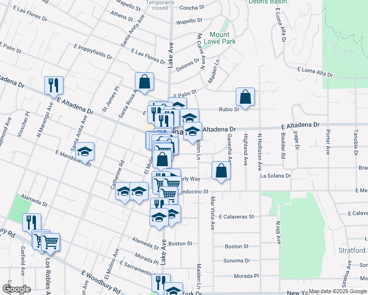 map of restaurants, bars, coffee shops, grocery stores, and more near 1003 East Mariposa Street in Altadena