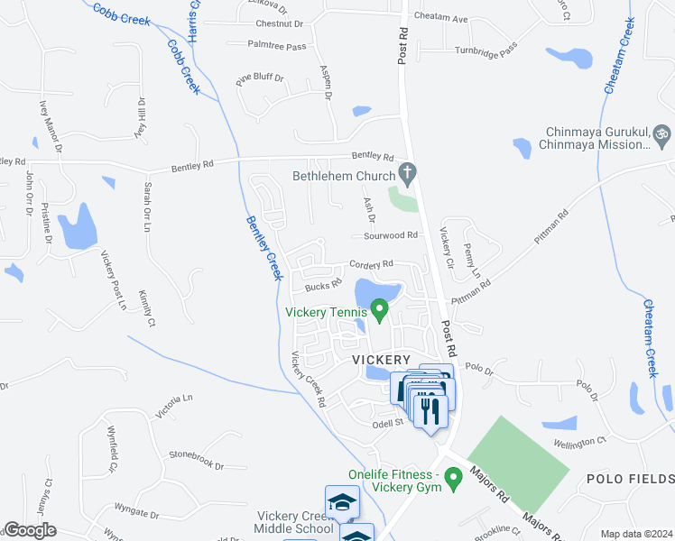 map of restaurants, bars, coffee shops, grocery stores, and more near 6955 Bucks Road in Cumming