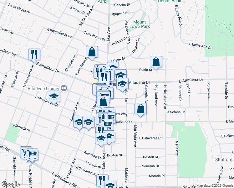 map of restaurants, bars, coffee shops, grocery stores, and more near 1003 East Mariposa Street in Altadena