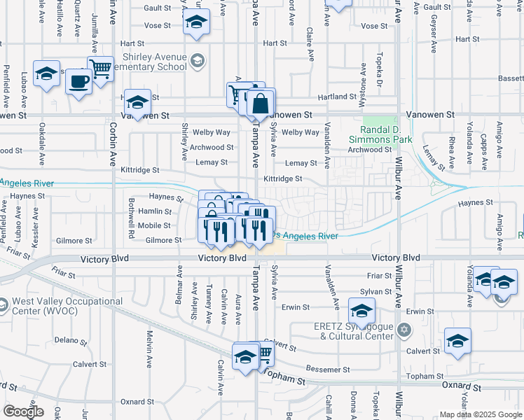 map of restaurants, bars, coffee shops, grocery stores, and more near 6520 Tampa Avenue in Los Angeles