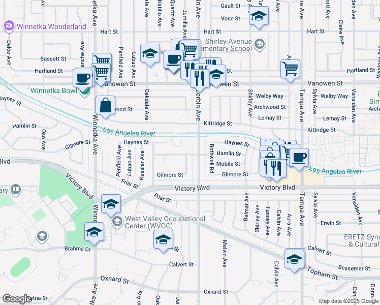 map of restaurants, bars, coffee shops, grocery stores, and more near 6524 Jumilla Avenue in Los Angeles