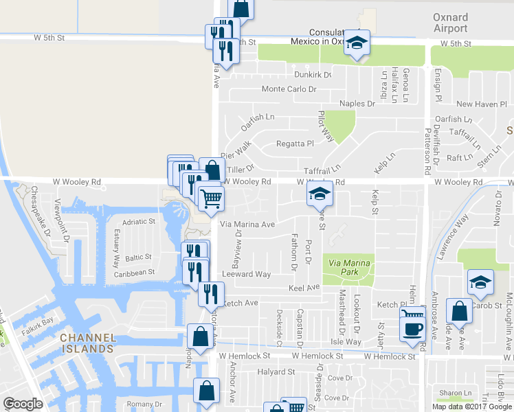 map of restaurants, bars, coffee shops, grocery stores, and more near 3675 Via Pacifica Walk in Oxnard